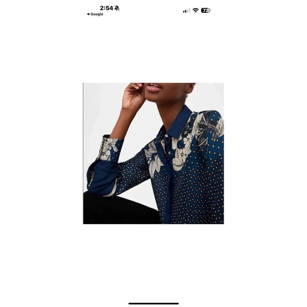 Zara Basic Collection Navy Floral & Polka Dot Button-Up Blouse Size Small - Picture 2 of 12